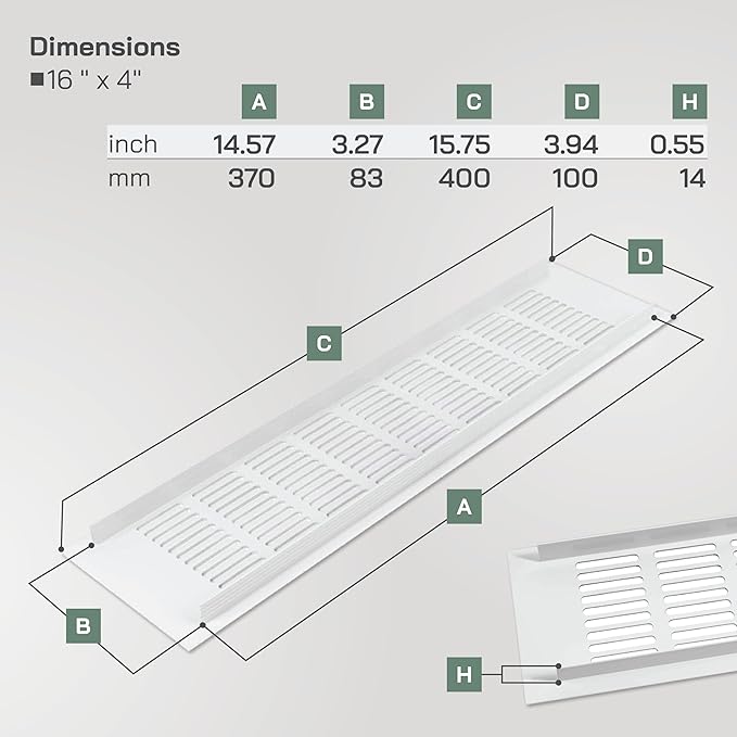 Vent Systems 15.75 x 3.94 (Outer Size) Air Supply Ventilation Grille - White Aluminum Rectangle Intake/Exhaust Door Vent Deflector - HVAC for Home Improvement Floor, Wall Duct Cover