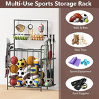 HEOMU Sports Equipment Organizer, Ball Organizer with Elastic Rope and Side Rack, Garage Ball Storage with 5 Hooks and 2 Baskets, Basketball Rack for Garage, Gym, Indoor or Outdoor, Black