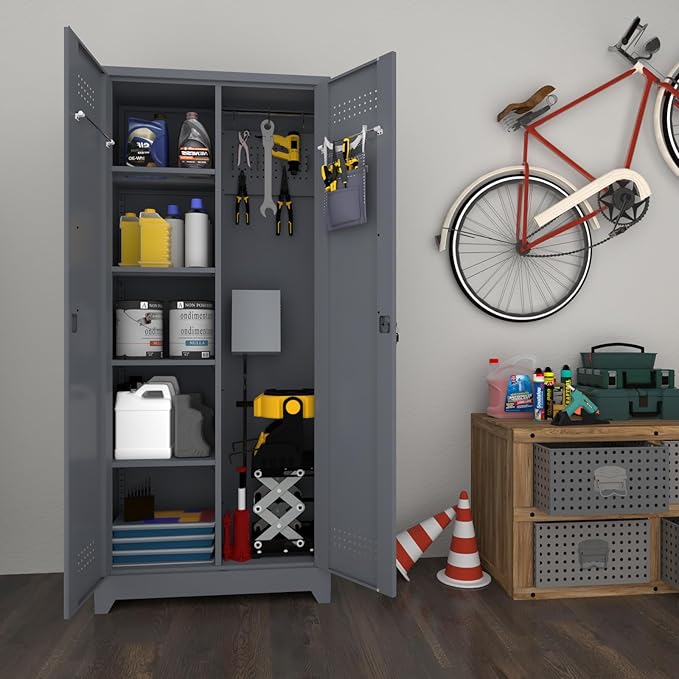 LUCYPAL Metal Storage Cabinet with Locking Doors,72.8" H Broom Closet Storage Cabinet with Shelves and Haging Rods,Garage Storage Cabinets for Kitchen,Utility Room,Grey