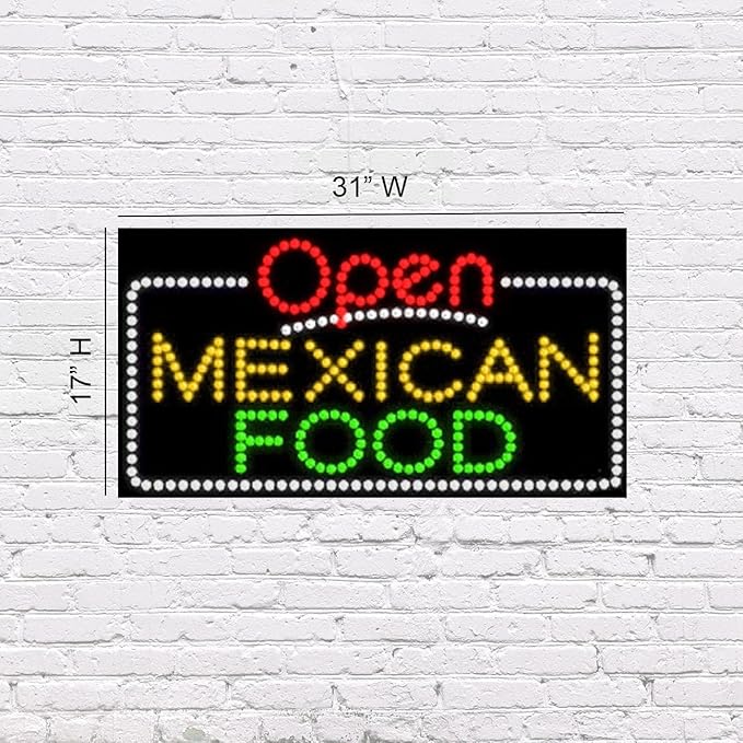 LED Mexican Food Open Sign for Retail Business Displays | Advertising Electronic Light Up Sign for Windows Walls | 17"h x 31"w x 2"d