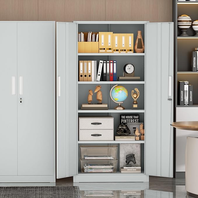Incbruce 72” Metal Storage Cabinet, Locking Steel Storage Cabinets with 2 Doors and 4 Adjustable Shelves, Tall Lockable Tool Storages for Garage, Home, Office (Grey)