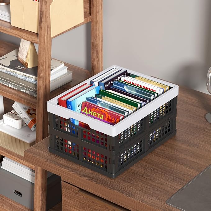 15L Plastic Collapsible Storage Crates, Folding Crates Storage Basket, Pack of 4, Black