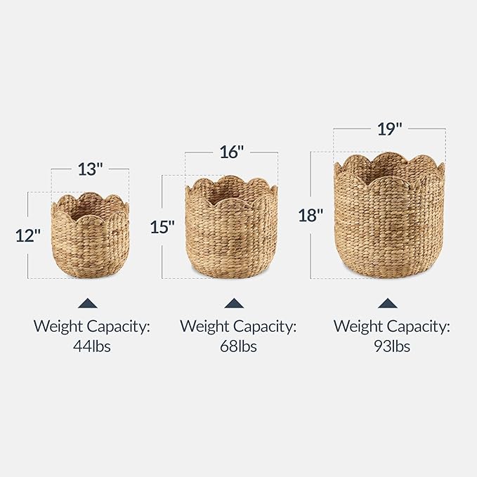 Best Choice Products 3pc Water Hyacinth Scalloped Multipurpose Nesting Baskets, Storage Bin Organization Totes for Living Room, Bedroom, Nursery, Laundry Room - Natural