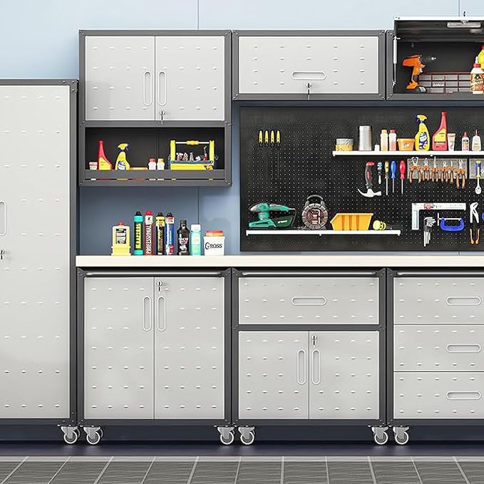 Metal Garage Storage Cabinet on Wheels, Lockable Rolling Tool Cabinet with Doors and Shelves, Heavy Duty Mobile Steel Cabinet for Garage Warehouse Workshop