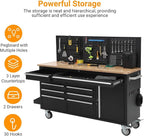 Rolling Tool Chest, 61 in Garage 10 Drawers Workbench Storage Tool Cabinet with Solid Rubber Wood Top, Power Strip, 1675 LBS Load Mobile Workstation, Heavy Duty Rolling Cabinet, Black