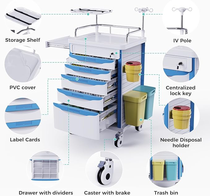 Medical Rolling Storage Crash Cart with Wheels - Adjustable IV Pole, Silent Casters, Needle Disposal Holder, Trash Bin, O2 Holder - Nursing Emergency Cart for Clinic, Hospital, Salon, Lab