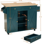 HLR Kitchen Island On Wheels, Dark Green Rolling Kitchen Islands Cart with Drop Leaf Countertop, Barn Door Kitchen Island with Storage Cabinet and Tower Rack, Island Table for Kitchen