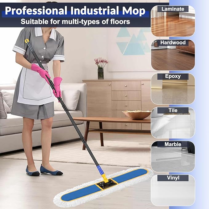 36" Commercial Industrial Dust Mop for Floor Cleaning with Replacement Mop Pads, Heavy Duty Wet Dry Large Mops for Cleaning Floor Office Garage Hardwood Warehouse Factory Mall (Blue, 36 inch mop)