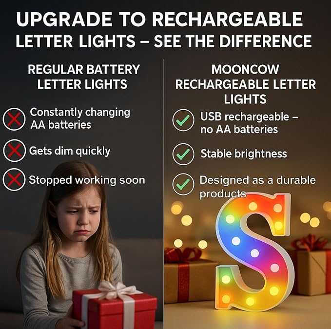 mooncow Rechargeable Light Up Letters,Colorful Marquee Letters with Remote,Gift Wrap Gifts,Bedroom Home Bar Party Decor (X)