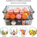 Set of 2 Stackable XXL Wire Baskets For Pantry Storage and Organization -16x12in Large Metal Food Baskets -Vegetable,Fruit,Potato,Onio, Pantry Storage Bins With Handles (Black, XXL)