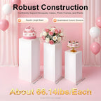 3Pcs Square Pedestal Stands for Parties, White Metal Display Plinth Pillars, for Birthday Wedding Bridal Baby Shower Party Decorations, 27.5, 35.5, 39 Inches Tall