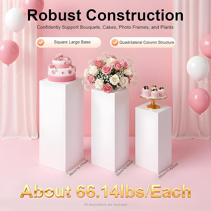 3Pcs Square Pedestal Stands for Parties, White Metal Display Plinth Pillars, for Birthday Wedding Bridal Baby Shower Party Decorations, 27.5, 35.5, 39 Inches Tall