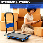 Blue Folding Platform Hand Truck 330 lbs Capacity, Heavy Duty Flatbed Dolly with 360° Swivel Silent Wheels, Foldable Steel Push Cart for Warehouse, Office, and Home Storage