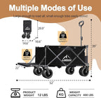 Collapsible Beach Wagon Cart with Big Wheels, 440LBS Upgrade Large Capacity Folding Wagon, Foldable Grocery Cart with Side Pocket and Brakes, Ideal for Sand Camping Outdoor Garden Sports, Black