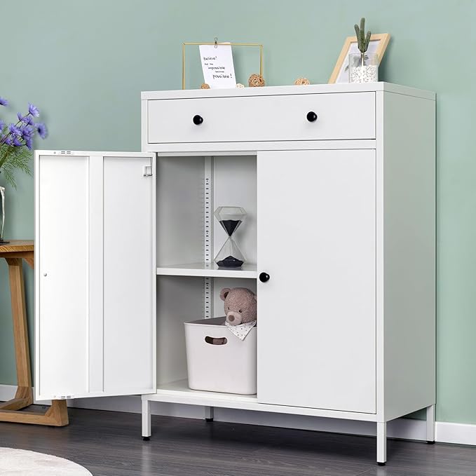 BESFUR Metal Storage Cabinet 35" H,Metal Cabinet with Drawer and Adjustable Shelf for Home Office, Garage,Classroom, Apartment, Warehouse, Utility Room White