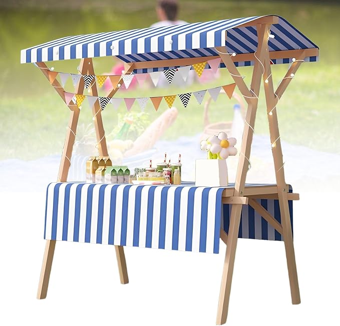 Collapsible Mobile Market Stall Carts Vendor on Wheels, Wood Outdoor Vendor Cart, Easy to Assemble for Parties, Birthdays, Weddings, Bar(Blue1,150cm/59in)