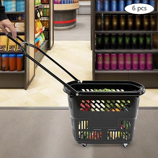 35L 6PCS Black Shopping Baskets with Wheels, Portable Rolling Shopping Basket Cart, Heavy Duty PP Plastic Storage Basket with Handle, 50kg Load Capacity for Supermarket, Retail Store, Warehouse