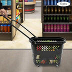 35L 6PCS Black Shopping Baskets with Wheels, Portable Rolling Shopping Basket Cart, Heavy Duty PP Plastic Storage Basket with Handle, 50kg Load Capacity for Supermarket, Retail Store, Warehouse