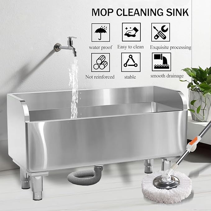 Stainless Steel Mop Service Basin，Floor Mount Mop Sink，Mop Cleaning Sink，Vertical industrial sewage tank for balconies, laundry rooms, industries, etc（39.37”×16.1”×21.6”)