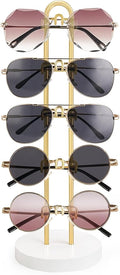 Mkono Sunglasses Organizer Glasses Holder Stand Sunglass Storage Eyeglasses Rack Metal Frame with Wood Base for 5 Pairs of Eyewear Display for Table Desk Countertop Dresser Bedroom, Set of 1, Gold