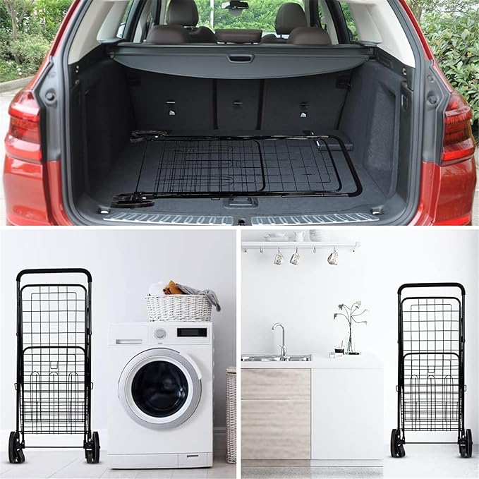 Shopping Cart for Groceries, Folding Utility Cart with Waterproof Liner and Insulated Cooler Bag, 360° Swivel Wheels Height Adjustable Portable Grocery Cart for Condo Laundry Transport Trip