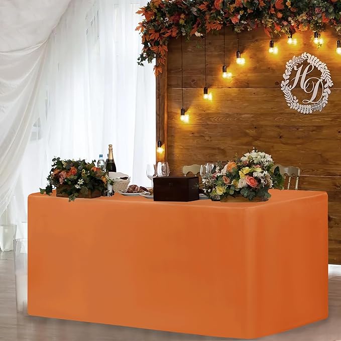 HolidayIdeas 2 Pack Fitted Tableclothes - 48 x 24 Inch - Orange Rectangle Tablecloths for 4 Foot Tables, Polyester Fabric Table Covers for Parties, Holiday Dinner, Wedding, Trade Show