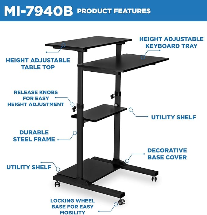 Mount-It! Black Rolling Standing Desk, Adjustable Height up to 54.7", Portable Laptop Podium Desk on Wheels, Mobile Computer Workstation with 4 Shelves, Presentation Cart for Home Office or Classroom