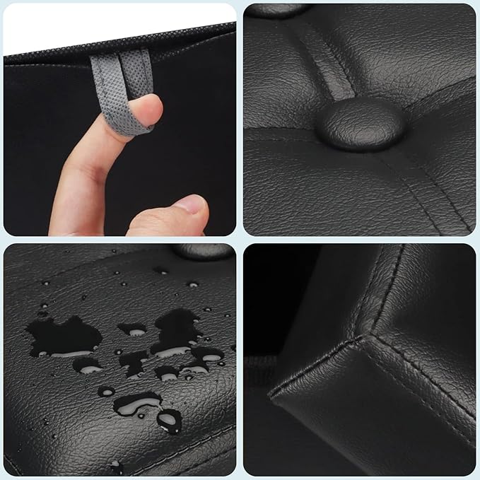 Storage Ottoman Foot Rest Stool, Small Leather Storage Ottomans Bench, Folding Footstool with Side Pockets, Foot Rest Under Desk for Living Room Bedroom, 17x13x13 in, Black