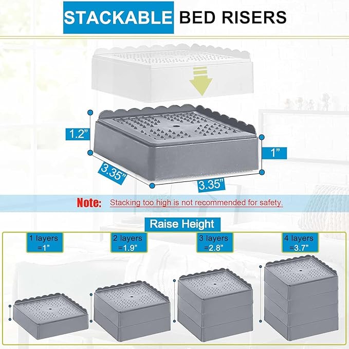 Bed Risers 1 inch, 2 inch, 3 inch, 4 inch Heavy Duty, Adjustable Furniture Riser for Table Desk Couch Sofa Chair Recliner Leg Frame Dorm, Stackable Bed Raisers Blocks (Grey 4 Pack, 1+1 inch)