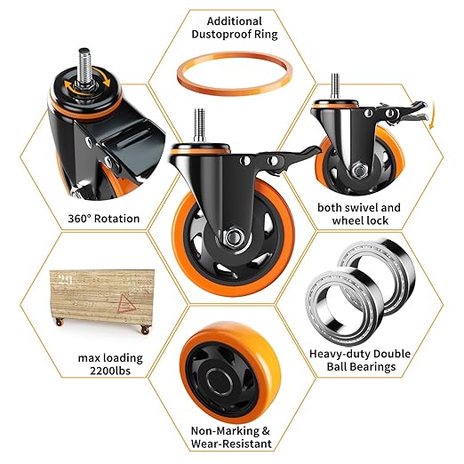Stem Caster Wheels 3 Inch Heavy Duty Threaded Stem Casters UNC 3/8"-16 x 1 Swivel Casters Set of 4 with Safety Dual Locking Wheel for Furniture and Cart