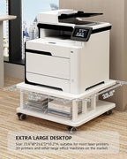 Mobile Printer Stand, 2-Tier Large Printer Shelf for Laser 3D Printer Office Machine with Storage, 23.6"x23.6" Wood Printer Cart Under Desk Rack with Wheels for Office Home Kitchen (White)