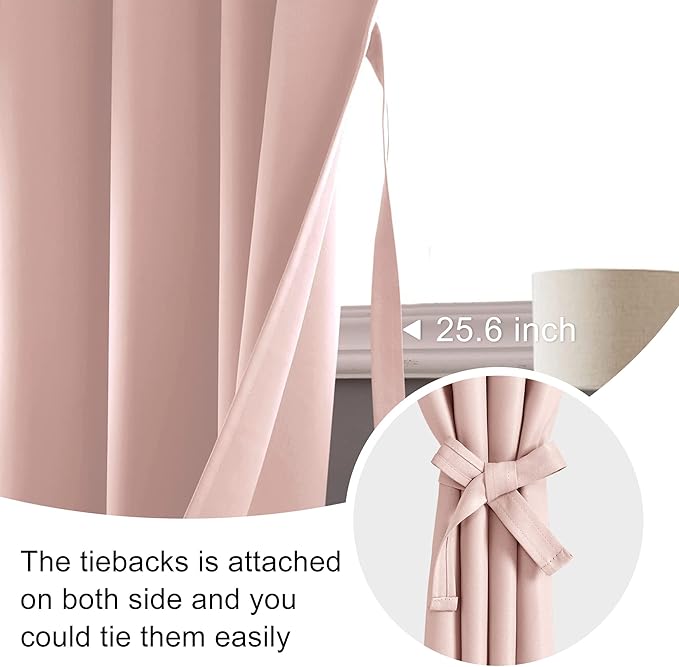 JIUZHEN Blackout Curtains for Bedroom - 60 Inch Wide Thermal Insulated Room Darkening Privacy Soundproof Curtains for Living Room, Set of 2 Panels with Tiebacks, 60 x 63 inches, Blush Pink