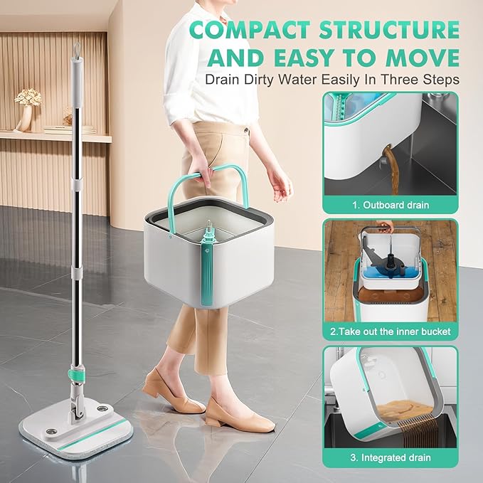 Upgraded Spin Mop and Bucket System Set, Self Separate Clean and Dirty Water, Foldable Square Standing Mop Head with Microfiber Mop Pads, Detachable Bucket (White+Blue, Mop Set with 2PC Pads)