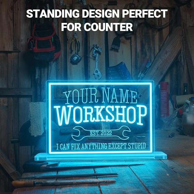 Large Custom Workshop Neon Sign for Wall Decor, Personalized 3D Engraved Garage Name LED Acrylic Sign, Customized Dimmable Neon Lights for Garage, Tool Room, Carport & Man Cave, Gifts for Dad Father Husband Grandpa