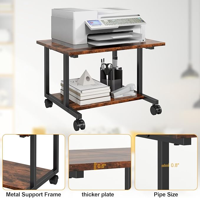 Livofloral Under Desk Printer Stand, 20.5 x 15.7 Inches Printer Table for Home Office, Printer Cart with Wheels,Small Printer Stand with Storage Shelf, Rolling Industrial Printer Stand, Rustic Brown