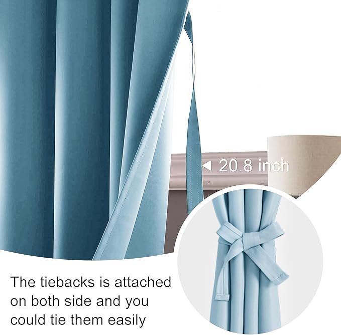 JIUZHEN Blackout Curtains for Bedroom - Thermal Insulated Noise Reducing Privacy Short Curtain for Living Room, Set of 2 Panels with Tiebacks, 52 x 54 inches Long,Light Blue