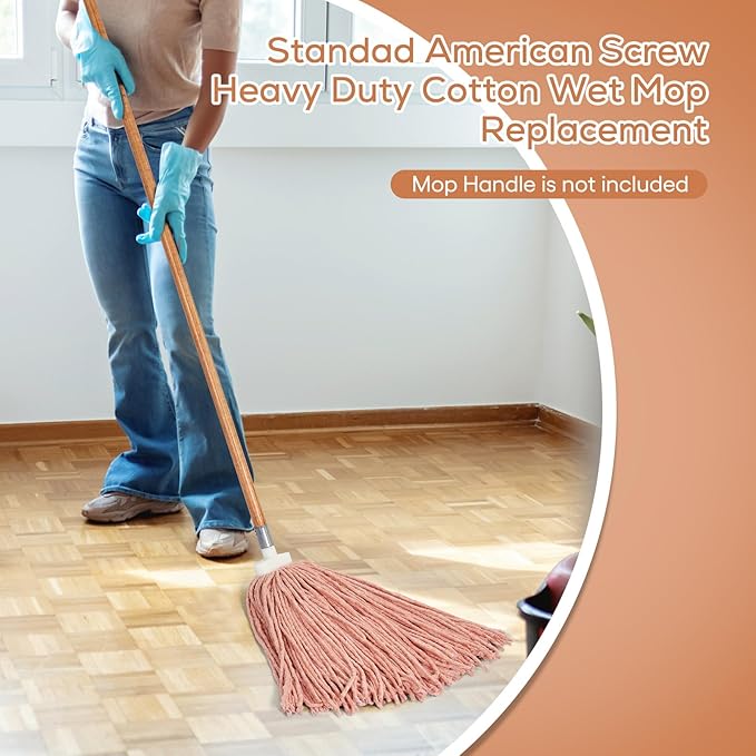 Matthew Cleaning Screw-on Heavy Duty Cotton Wet Mop Replacement Heads(Orange, Medium,6 Pack) with 2 Pack Microfiber Cloth for Residential & Commercial Floor Cleaning Use- Fit Standard American Screw