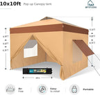 MFSTUDIO 10x10 Pop Up Canopy Tent with Removable Sidewalls, Outdoor Enclosed Instant Portable Shelter with Breathable Mesh Windows, One Person Setup, Beige