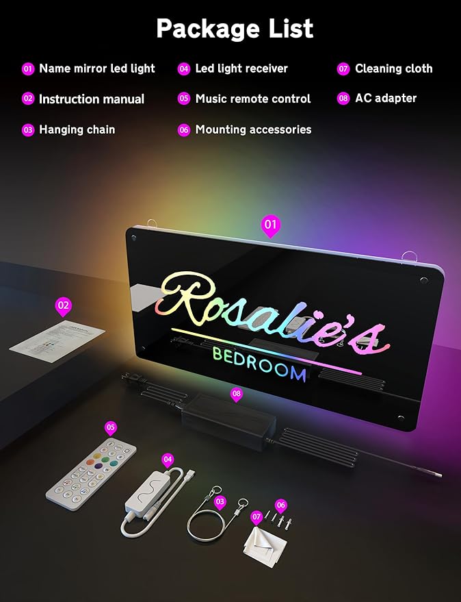 Smart-Personalized Name Mirror Led Light-Music Sync for Bedroom, Custom Light Up Name Neon Sign for Wall Decor, Customized Led Lighting Mirror Sign with Name for Boy Girl Kid Adult Business Gift