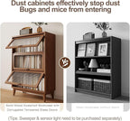 3 tier solid wood book case with corrugated tempered glass doors, dusty wooden bookshelf dark brown Flip-Up Glass Front Doors book cases/shelves for home office room with installation tool