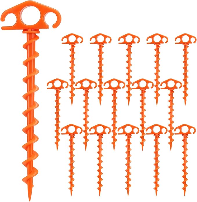 Tent Stakes Ground Anchors Screw in, 16 Pack Sand Stakes for Beach 9.4 Inch Heavy Duty Spiral Tent Pegs for Camping, Party, Hiking, Outdoor Decoration (16, Orange)