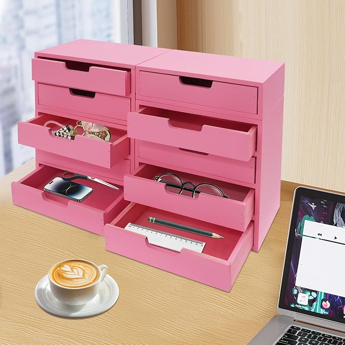 4-piece Drawer Cabinet, Organizer Sorter Container Keeper Unit Storage Box Stackable Chest Divider Shelf System with 10 Drawers & 4 Stackable Units for Home Office Study Room Dorm Bedroom(Pink)