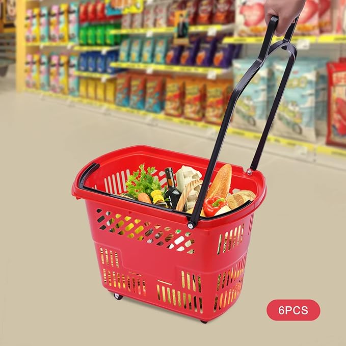 35L 6PCS Shopping Carts with Wheels and Handle, Plastic Rolling Basket, Portable Shopping Baskets Set for Supermarkets and Retail Stores