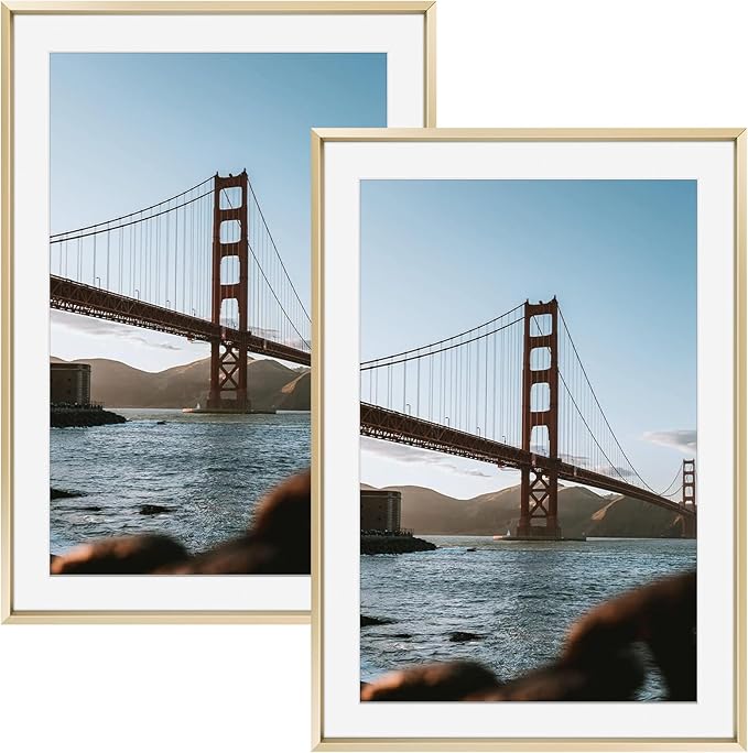 Frametory, 13x19 Metal Picture Frame with Mat for 11x17 Picture & Real Glass, Aluminum Photo Frame Collection (Gold, 2 Pack)