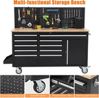 Rolling Tool Chest, 61 in Garage 10 Drawers Workbench Storage Tool Cabinet with Solid Rubber Wood Top, Power Strip, 1675 LBS Load Mobile Workstation, Heavy Duty Rolling Cabinet, Black
