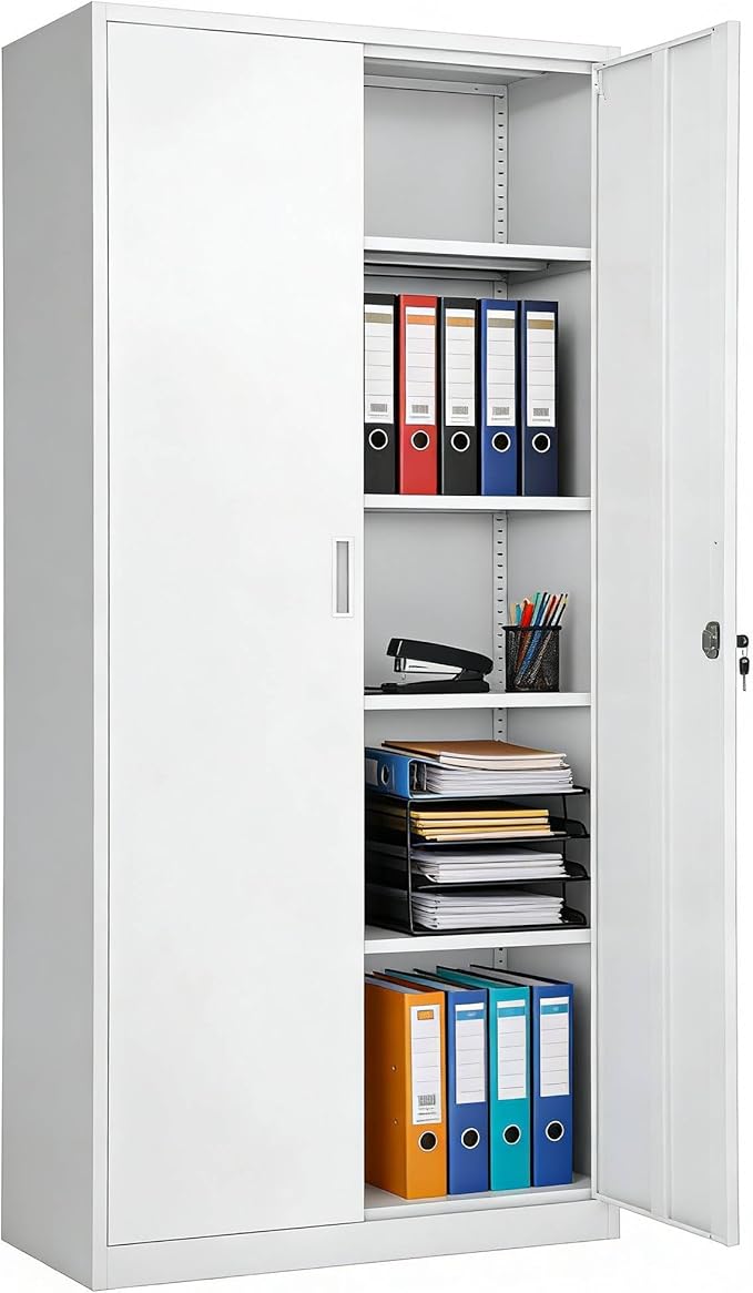 VINGLI Metal Garage Storage Cabinet with 2 Doors and 5 Adjustable Shelves, 71" Tall Steel Lockable File Cabinet, Locking Tool Cabinets for Home Office Garage Gym School (White)