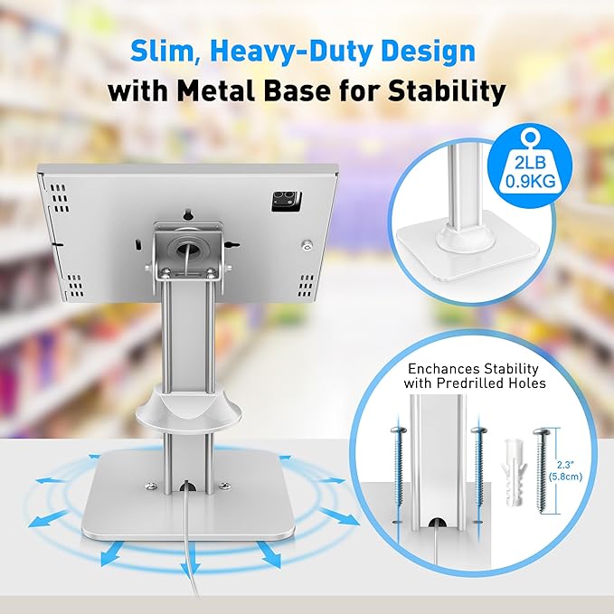 AboveTEK Anti-Theft iPad Kiosk Stand, POS iPad Security Stands, Aluminum Locking Tablet Stand with Heavy Duty Base, 360° Swivel & 75° Tilt, Retail Desk Mount for Business & Commercial Use (White)