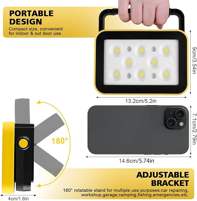 Rechargeable Flood Light with Tripod Hole, Portable COB Work Light Battery Operated, LED Work Lights Waterproof 180° Rotate for Job Site Garage Camping Car Repair, Gifts for Men