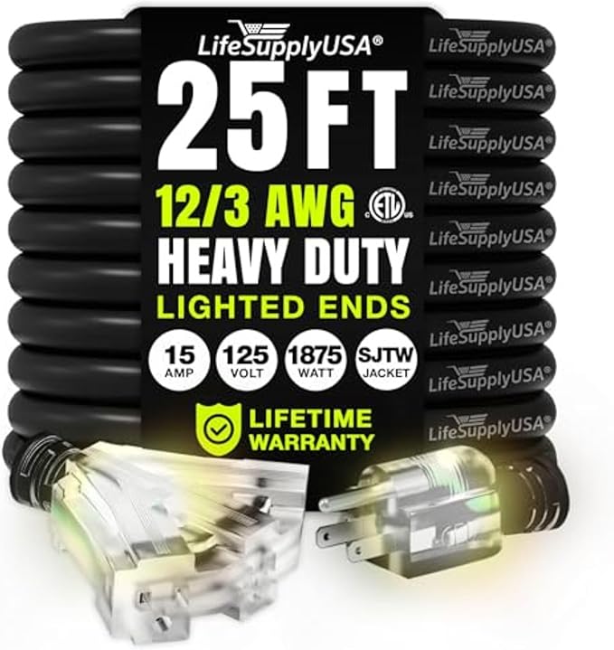 25ft Outdoor/Indoor Extension Cord 3-Outlet 12/3 Gauge Extra Heavy Duty ETL Listed, 3 Prong SJTW, Waterproof, Flexible Cold-Resistant Long Power Cord,15A 125V 1875W, Black by LifeSupplyUSA