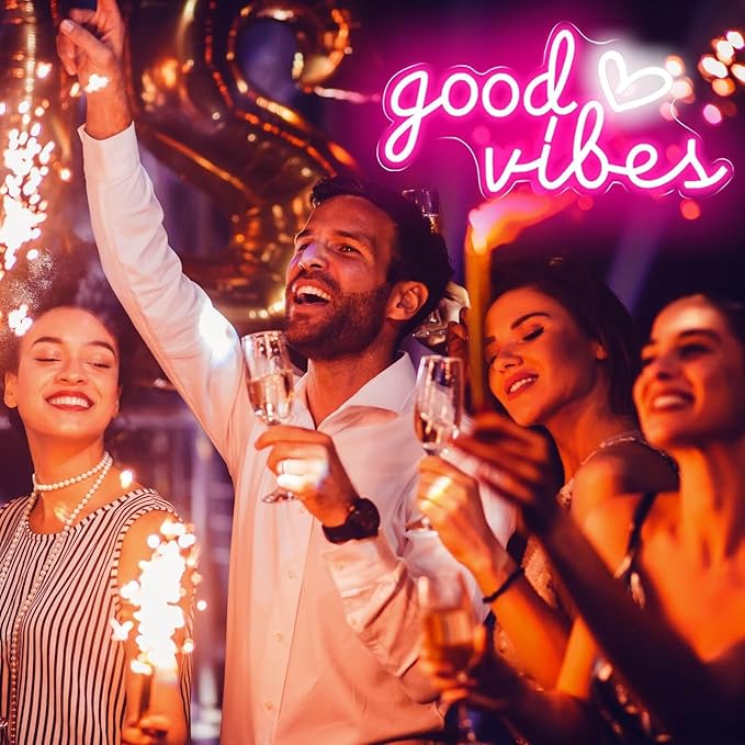 Good Vibes Neon Sign for Wall Decor Neon Lights Sign, 16"x8" Heart and Good Vibes LED Signs for Bedroom Wall, USB Operated Pink Goodvibes LED Neon Lights Signs for Game Room Christmas Decor